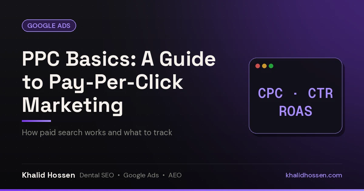 Featured image reading PPC Basics: A Guide to Pay-Per-Click Marketing, with CPC, CTR and ROAS labels on a dark purple background