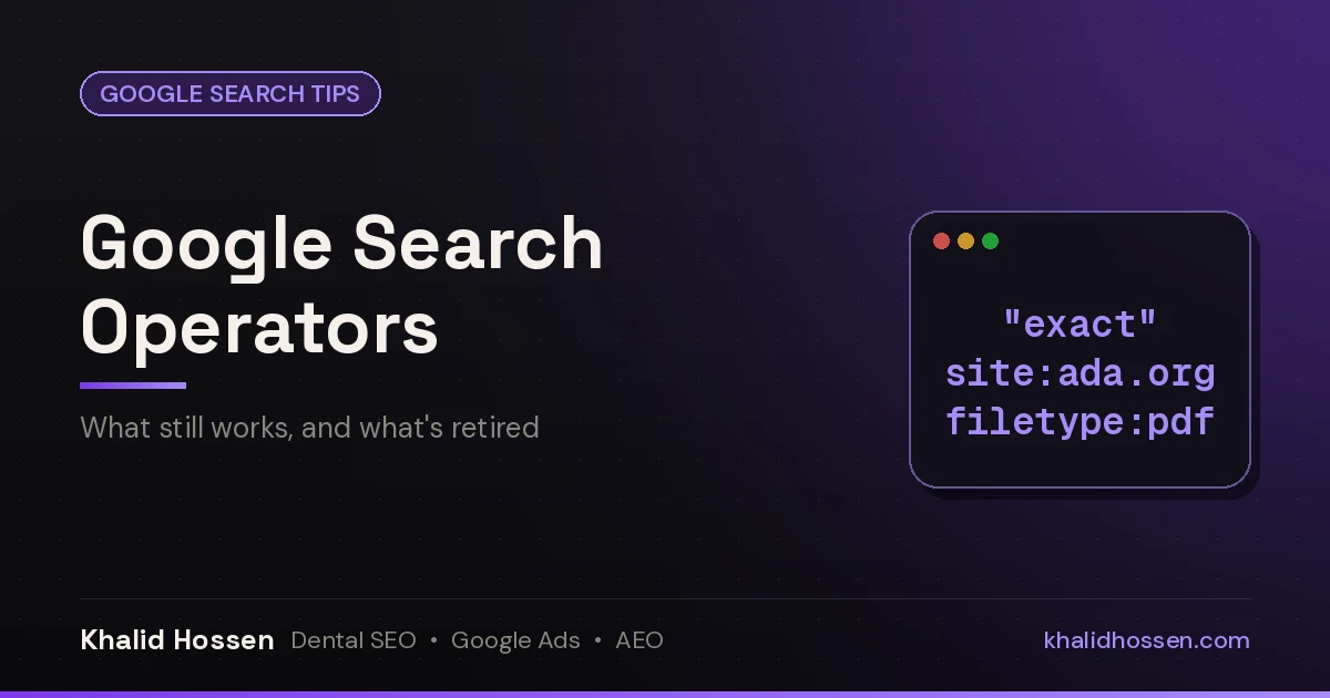 Featured image reading Google Search Operators, what still works, with site:, quotes and filetype: operator chips on a dark purple background