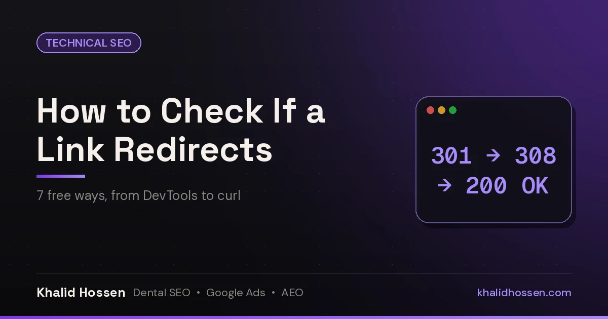 Featured image reading How to Check If a Link Redirects, with a 301 to 200 redirect chain graphic on a dark purple background