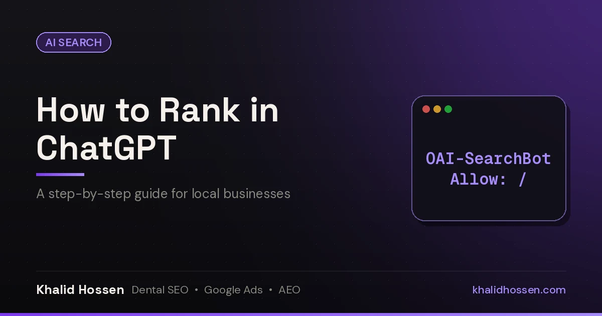 Featured image reading How to Rank in ChatGPT, a guide for local businesses, with an OAI-SearchBot allow chip on a dark purple background