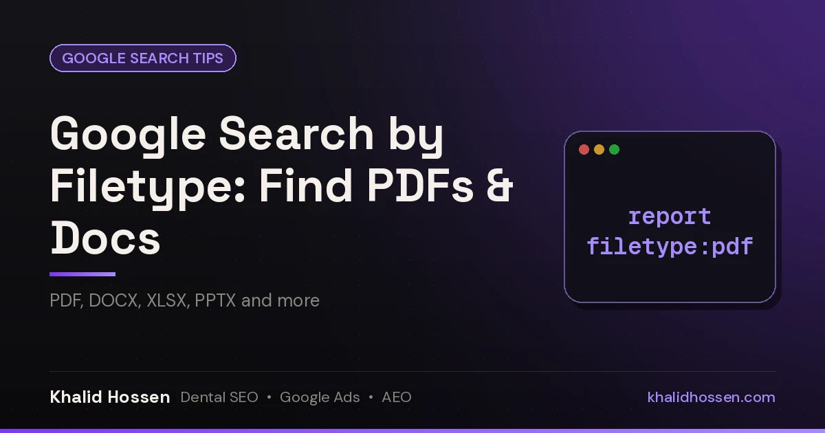 Featured image reading Google Search by Filetype: Find PDFs and Docs, with a filetype:pdf operator chip on a dark purple background