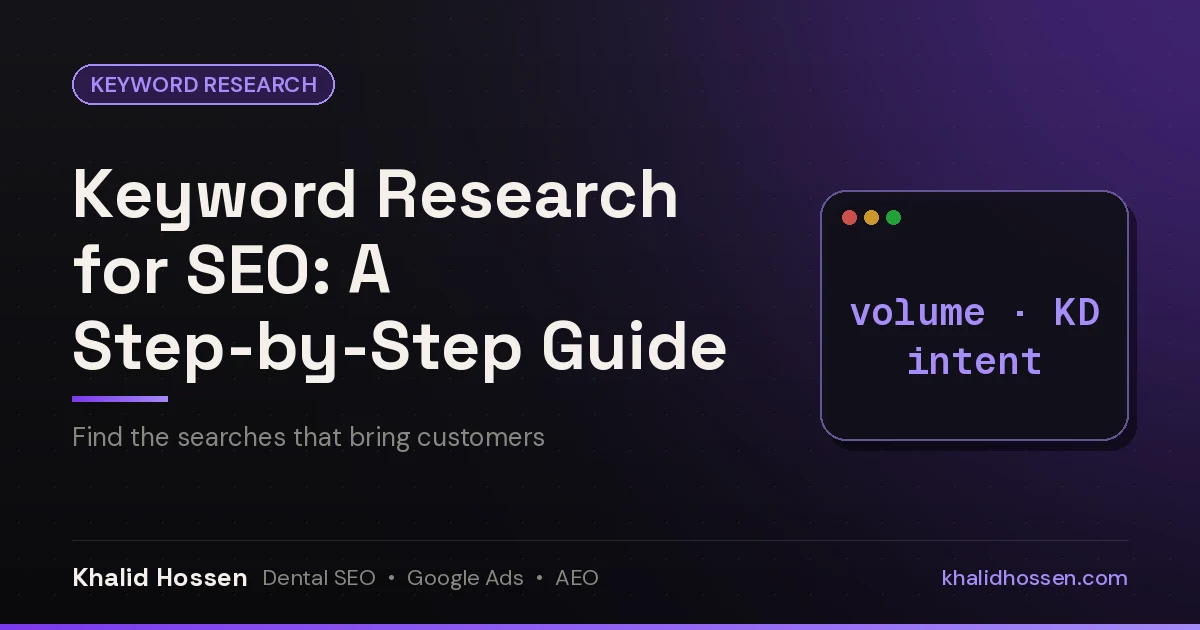Featured image reading Keyword Research for SEO: A Step-by-Step Guide, with volume, keyword difficulty and intent labels on a dark purple background