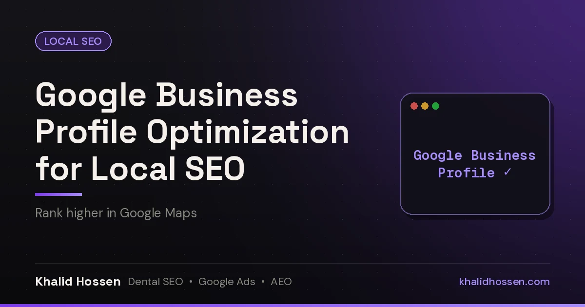 Featured image reading Google Business Profile Optimization for Local SEO, with a Google Business Profile checkmark chip on a dark purple background