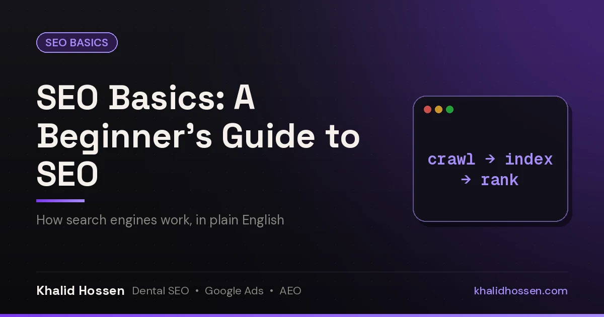 Featured image reading SEO Basics: A Beginner's Guide to SEO, with a crawl, index, rank flow on a dark purple background