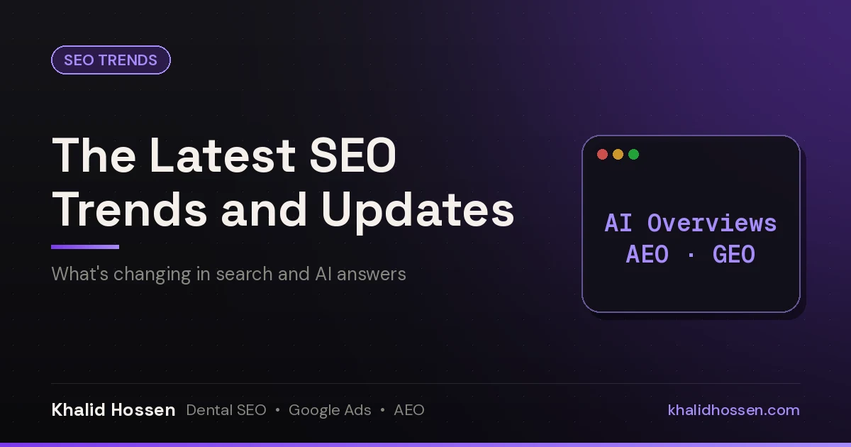 Featured image reading The Latest SEO Trends and Updates, with AI Overviews, AEO and GEO labels on a dark purple background