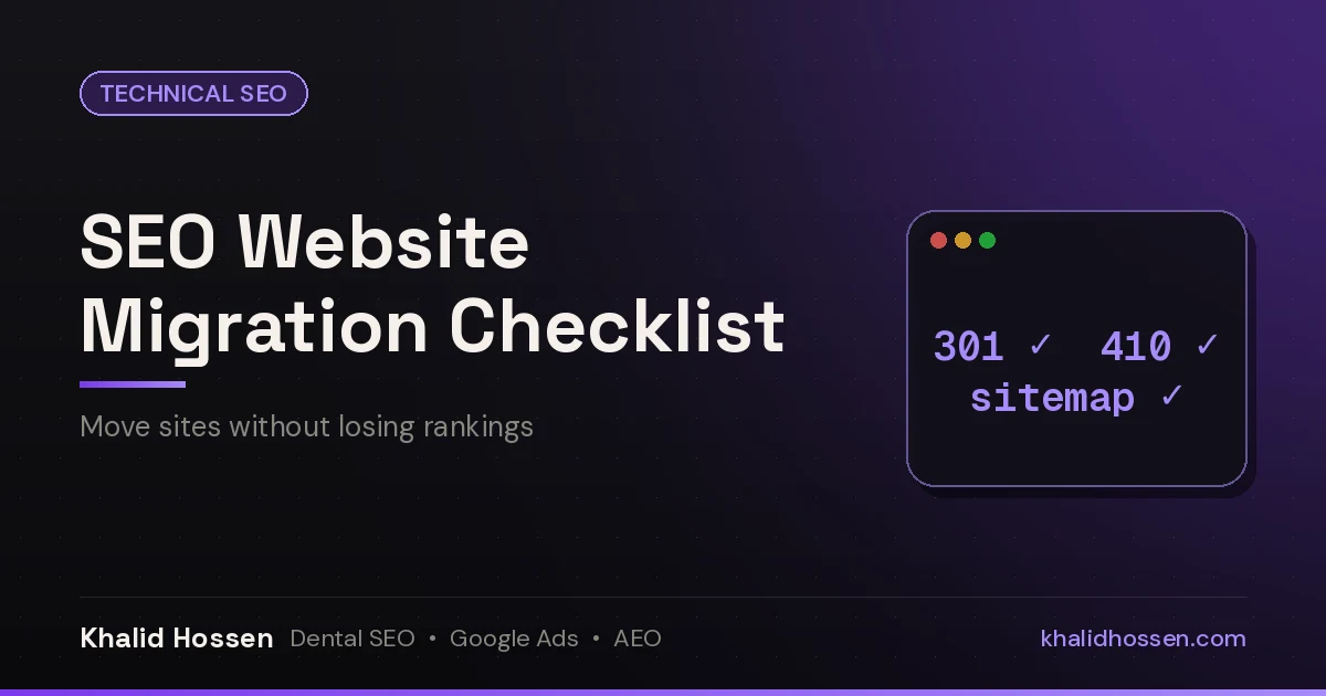 Featured image reading SEO Website Migration Checklist, with 301, 410 and sitemap checkmarks on a dark purple background